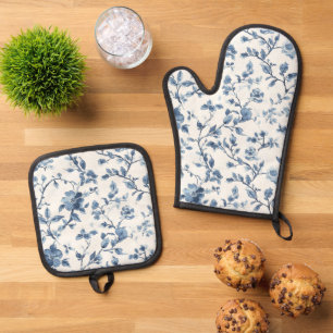Blue White Floral Bridal Shower Oven Mitt & Pot Holder Set