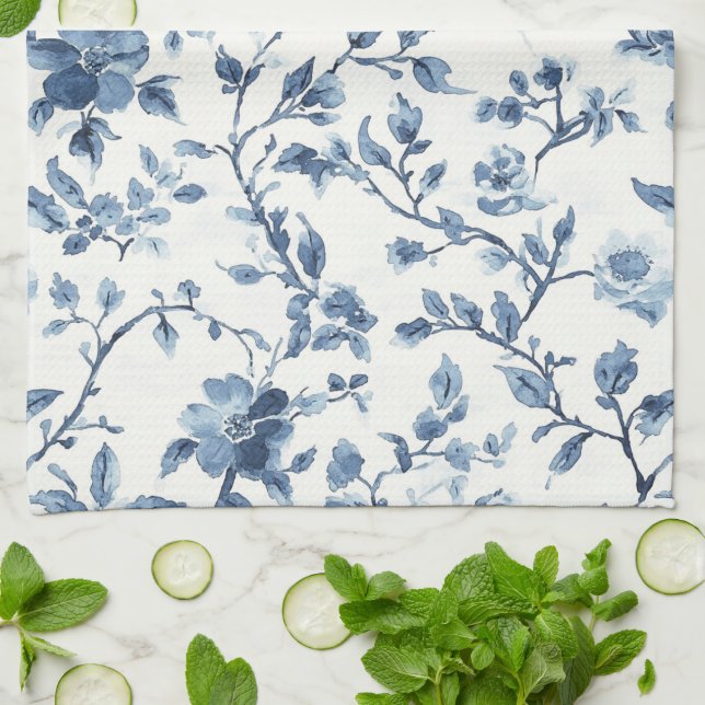 Blue White Floral Bridal Shower Tea Towel (Folded)