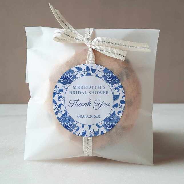 Blue & White Floral Bridal Shower Thank You Favour Classic Round Sticker (Handpainted blue and white antique pattern Bridal Shower Favor or Baby Shower thank you sticker)