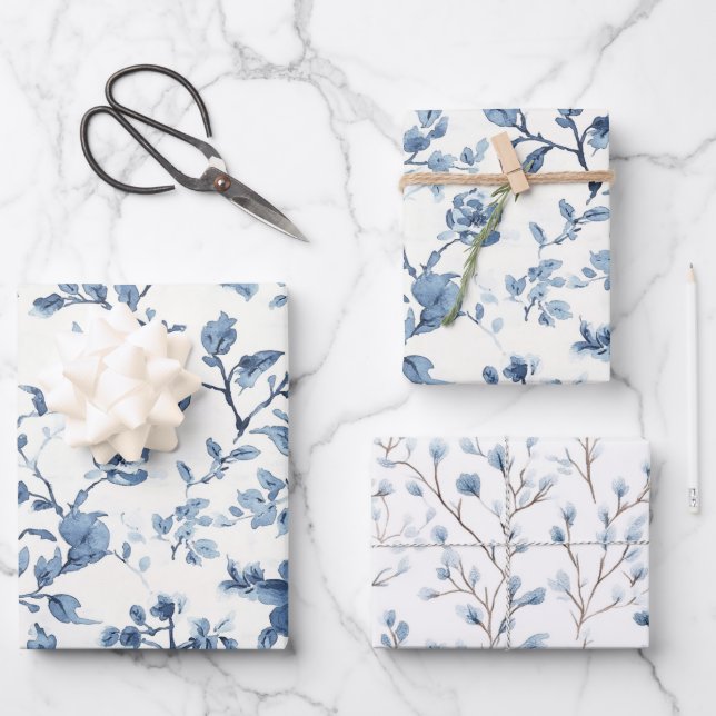 Blue White Floral Bridal Shower Wrapping Paper Sheet (Front)