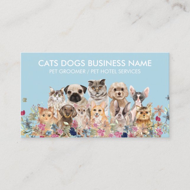 Blue White Floral Cats Dogs Pet Sitter Business Card (Front)