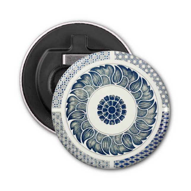 Blue White Floral Chinese Round Bottle Opener (Front)