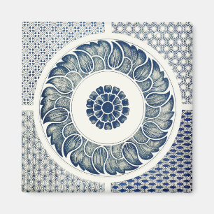 Blue White Floral Chinese Round Magnet