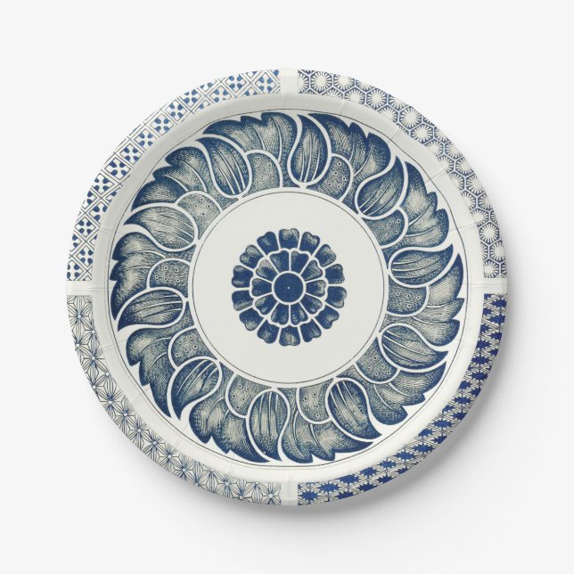 Blue White Floral Chinese Round Paper Plate (Front)