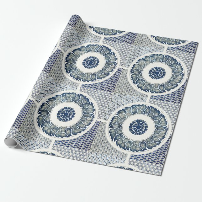 Blue White Floral Chinese Round Wrapping Paper (Unrolled)
