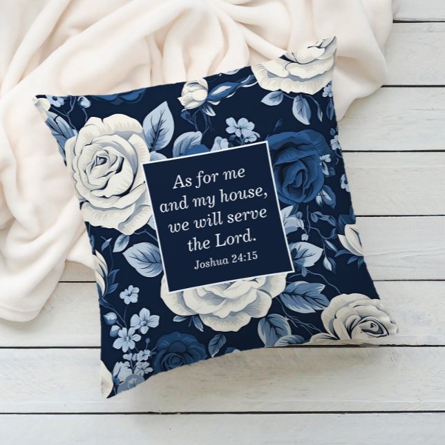 Blue White Floral Christian Bible Verse  Cushion (Navy blue white floral Christian Bible verse decorator pillow)