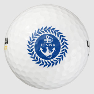 Blue & White Floral Circle & Nautical Anchor Golf Balls