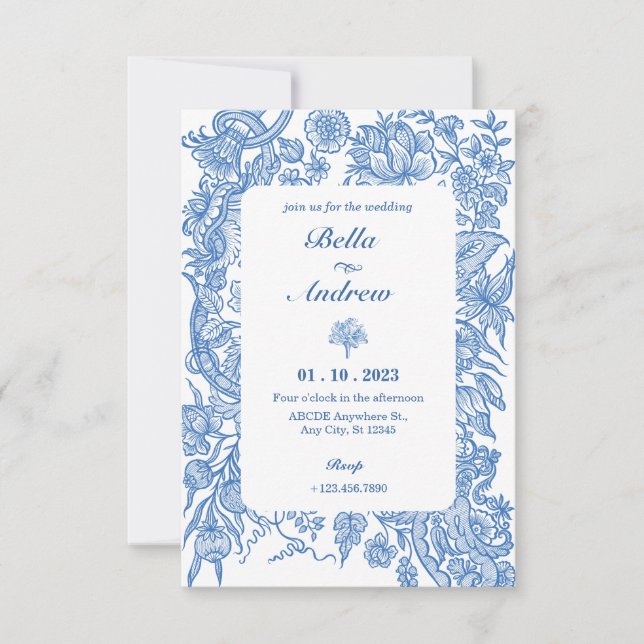 Blue white floral classic vintage wedding invitation (Front)