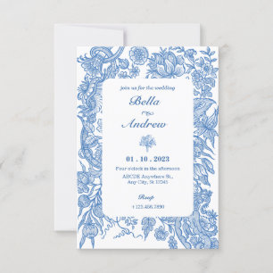 Blue white floral classic vintage wedding invitation