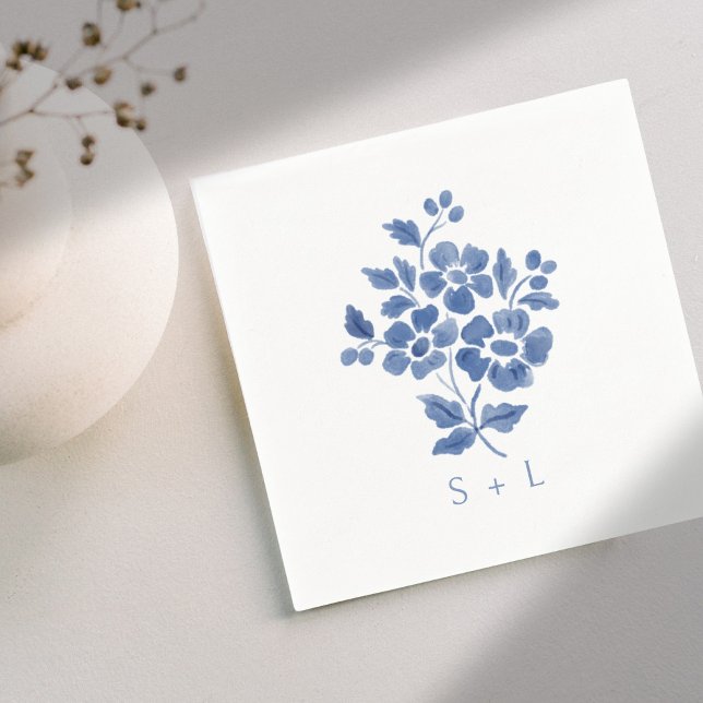Blue & White Floral Couple Initials Wedding  Napkin (Creator Uploaded)