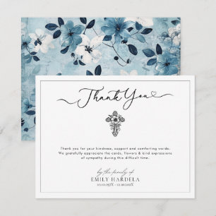 Blue White Floral Cross Funeral Thank You Card