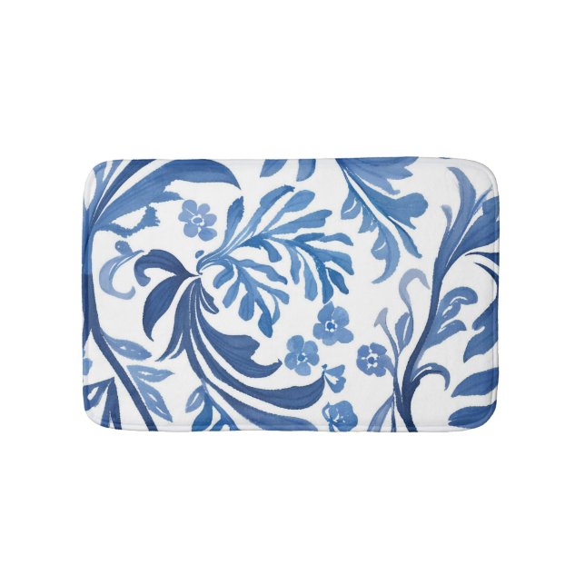 Blue & White Floral Design | Chinoiserie Pattern Bath Mat (Front)