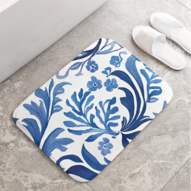 Blue & White Floral Design | Chinoiserie Pattern Bath Mat (Creator Uploaded)