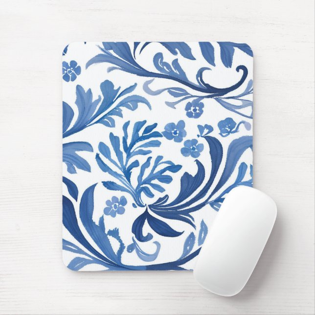 Blue & White Floral Design | Chinoiserie Pattern Mouse Mat (With Mouse)
