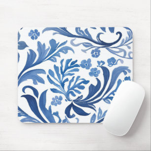 Blue & White Floral Design Chinoiserie Pattern Mouse Mat