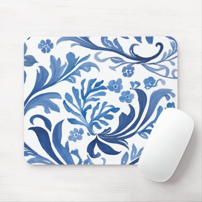Blue & White Floral Design | Chinoiserie Pattern Mouse Mat (With Mouse)