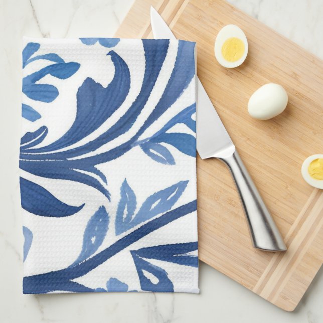 Blue & White Floral Design | Chinoiserie Pattern Tea Towel (Quarter Fold)