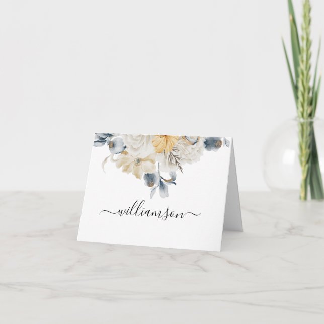 Blue & White Floral Design with Last Name Note Card (Front)
