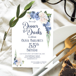 Blue White Floral Dinner and Drinks 55th Birthday Invitation