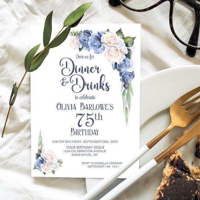 Blue White Floral Dinner and Drinks 75th Birthday Invitation (Creator Uploaded)