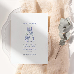 Blue White Floral Doodle Minimalist Wedding Cake Save The Date