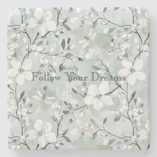 Blue White Floral Dragonflies Stone Coaster (Front)