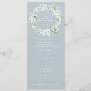 Blue White Floral Easter Wreath Flat 4 Course Menu