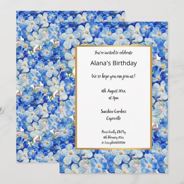 BLUE WHITE Floral Elegant birthday Invitation (Front/Back)