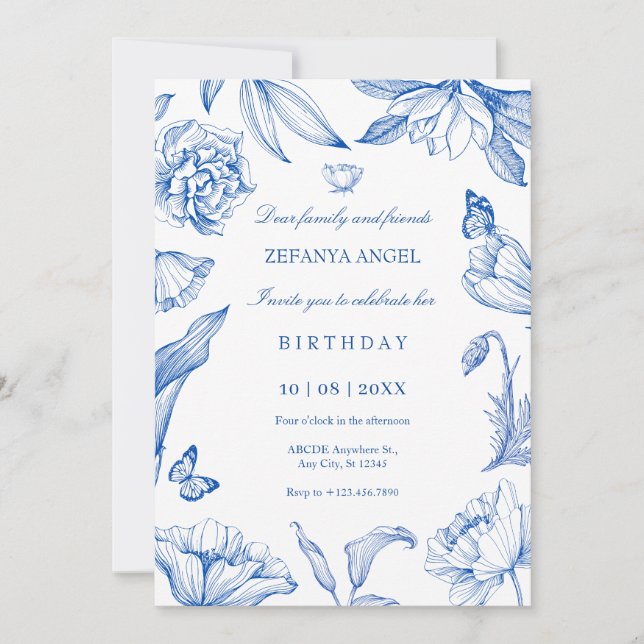 Blue white floral elegant birthday invitation (Front)
