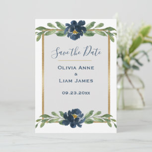 Blue & White Floral Elegant Script Gold Wedding Save The Date