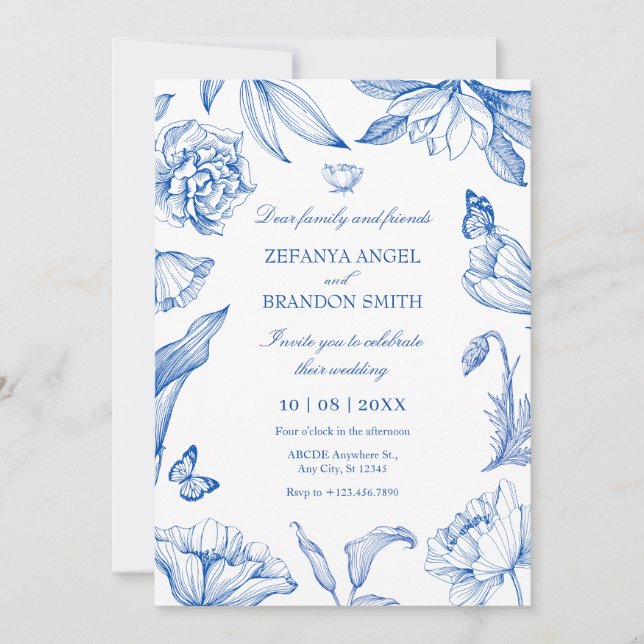 Blue white floral elegant wedding  invitation (Front)