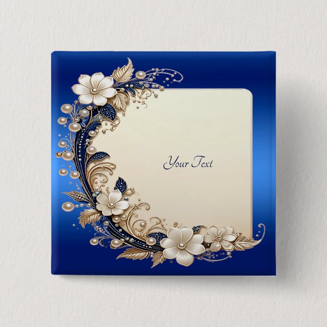 Blue White Floral Embellishment Button (Front)