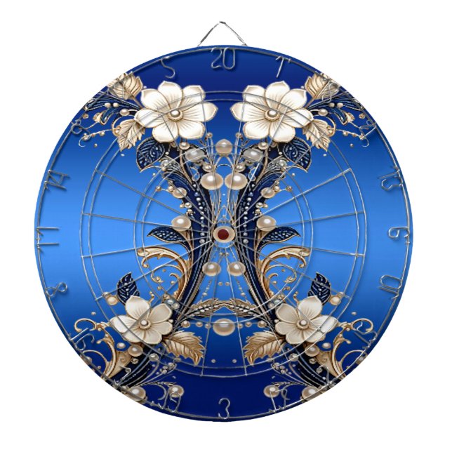 Blue White Floral Embellishment Dartboard (Front)