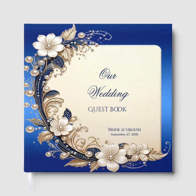 Blue White Floral Embellishment Guest Book (Front)