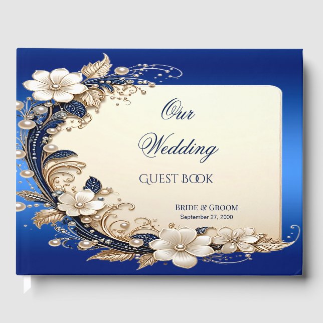 Blue White Floral Embellishment Guest Book (Front)