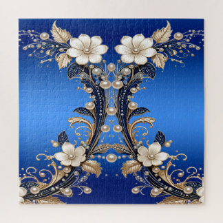 Blue White Floral Embellishment Jigsaw Puzzle