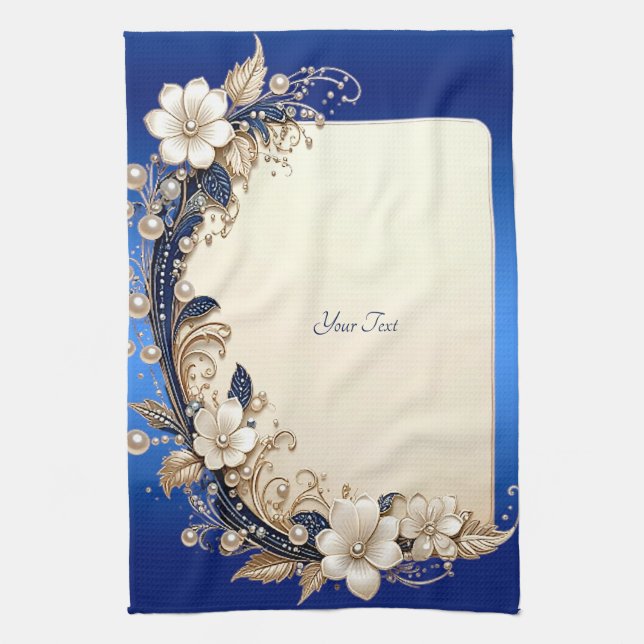 Blue White Floral Embellishment Kitchen Towel (Vertical)