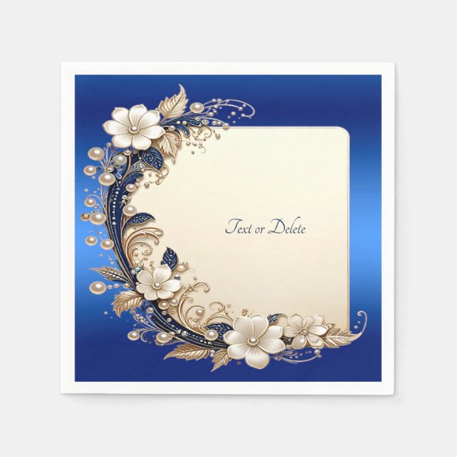 Blue White Floral Embellishment Napkin (Front)