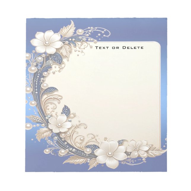 Blue White Floral Embellishment Notepad (Front)