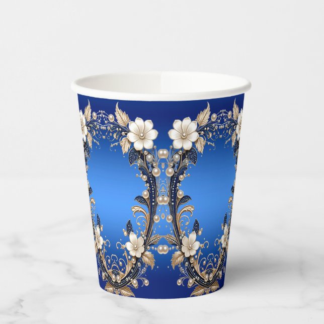 Blue White Floral Embellishment Paper Cups (Left)