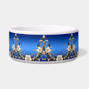 Blue White Floral Embellishment Pet Bowl