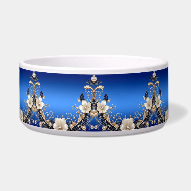 Blue White Floral Embellishment Pet Bowl (Front)
