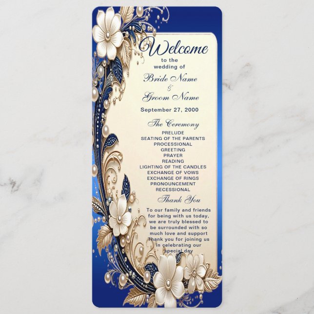 Blue White Floral Embellishment Wedding  Program Programme (Front)