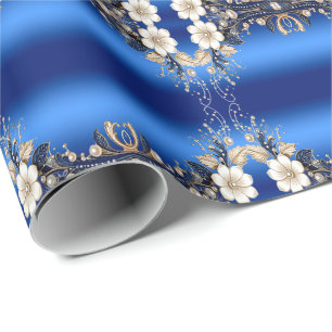 Blue White Floral Embellishment Wrapping Paper