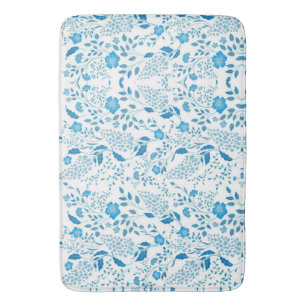 Blue White Floral Embroidery Style Pattern Bath Mat
