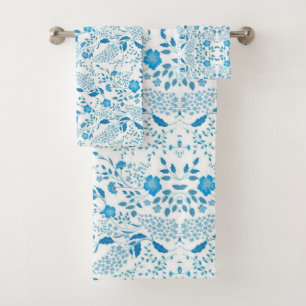 Blue White Floral Embroidery Style Pattern Bath Towel Set