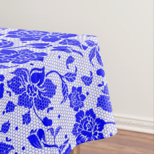 Blue white floral flower honeycomb cotton dining tablecloth
