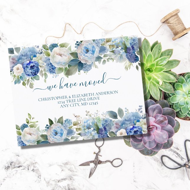 Blue White Floral Flowers Script Moving  Announcement Postcard (Creator Uploaded)