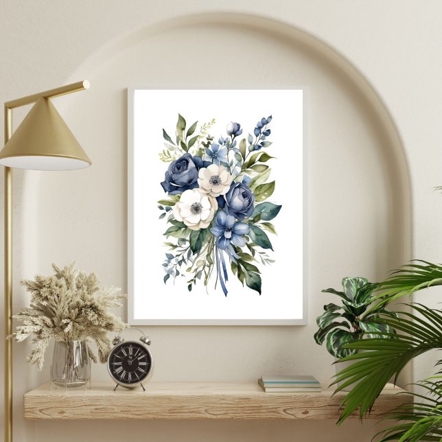 Blue White Floral Flowers Watercolor Elegant  Poster (Blue White Floral Greenery Watercolor Wall Art Poster Print. Digital Download or Printed by Zazzle)