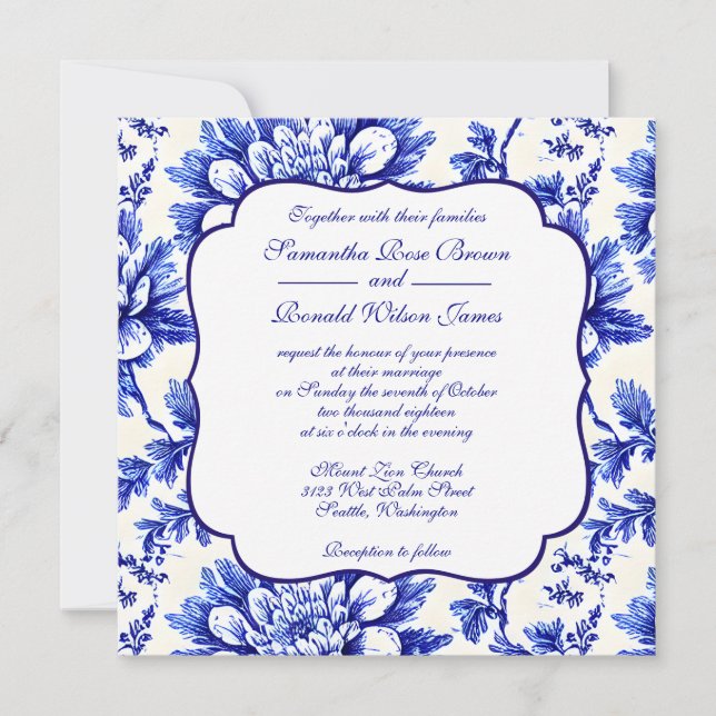 Blue & White Floral French Country Decor Wedding  Invitation (Front)